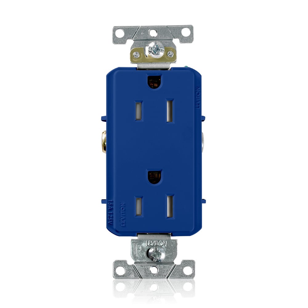 15 Amp, 125 Volt, NEMA 5-15R, 2P, 3W, Tamper-Resistant, Decora Plus, Duplex Receptacle, Straight Blade, Commercial Grade, Self Grounding, Back & Side Wired, Steel Strap - BLUE