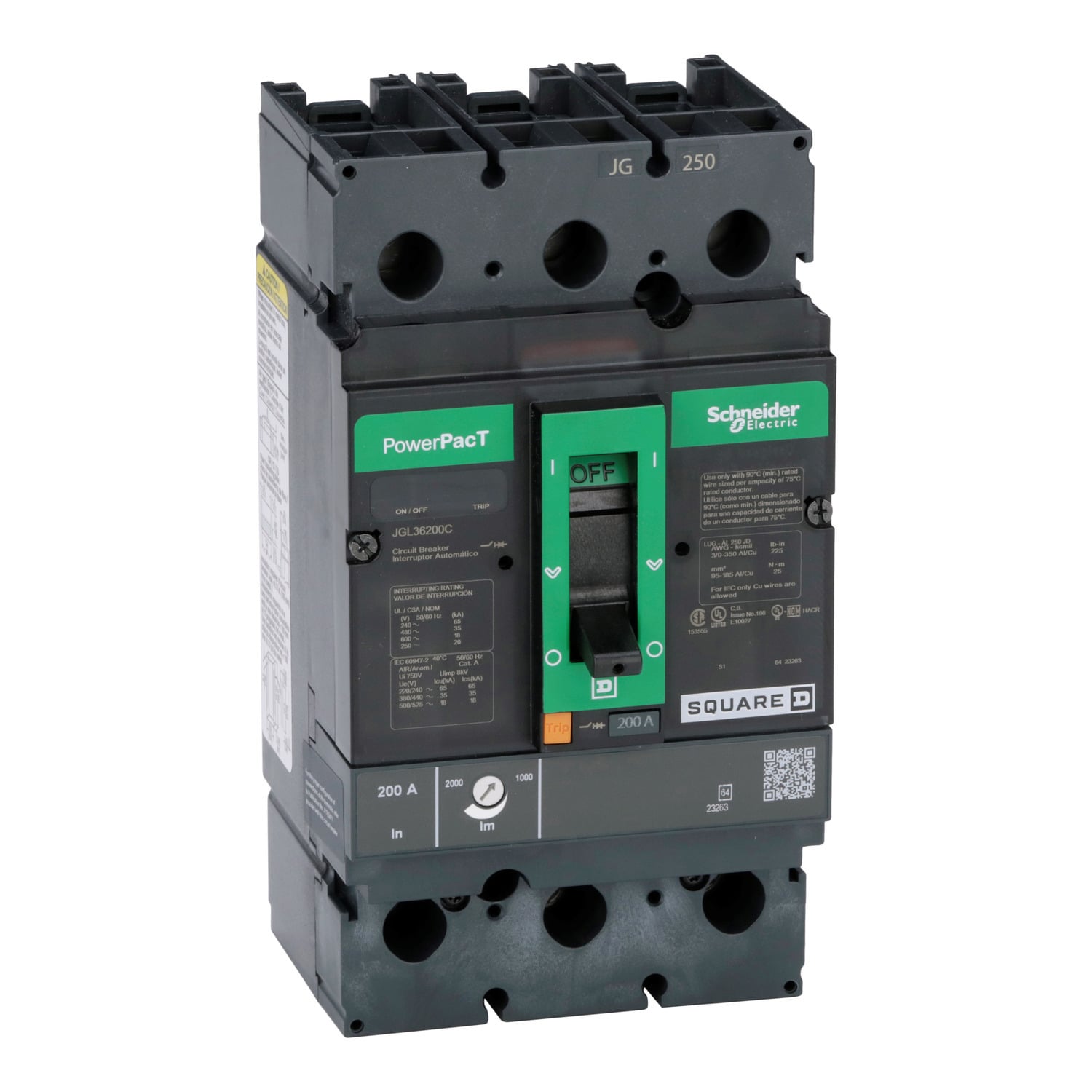 Circuit breaker, PowerPacT J, 200A, 3 pole, 600VAC, 18kA, lugs, thermal magnetic, 100%