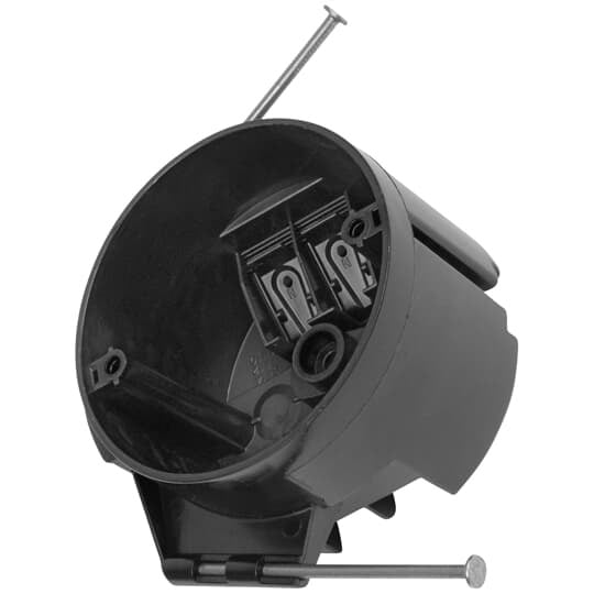 Round Ceiling/Fixture Nail-On Outlet Box, Volume 16 Inches, Diameter 3-1/2 Inches, Depth 2-1/4 Inches, Color Black, Material Polycarbonate, Mounting Means Angled Nails, with Cable Clamps