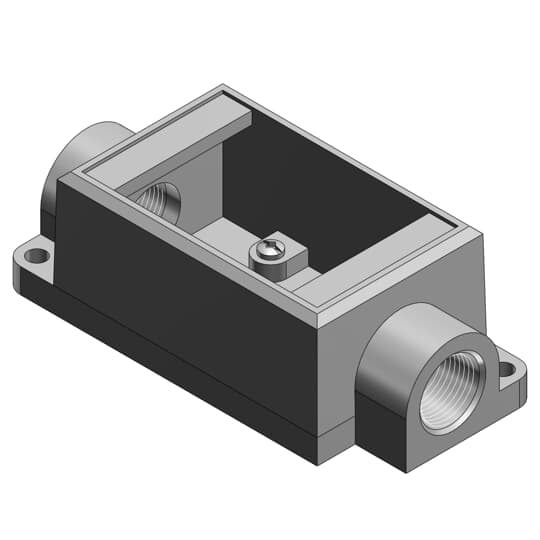 3/4 Inch Shallow 1 Gang Cast Device Box, Gray Iron Zinc Plated, Thru-Feed, Suitable for Wet Locations When Used with Gasketed Covers