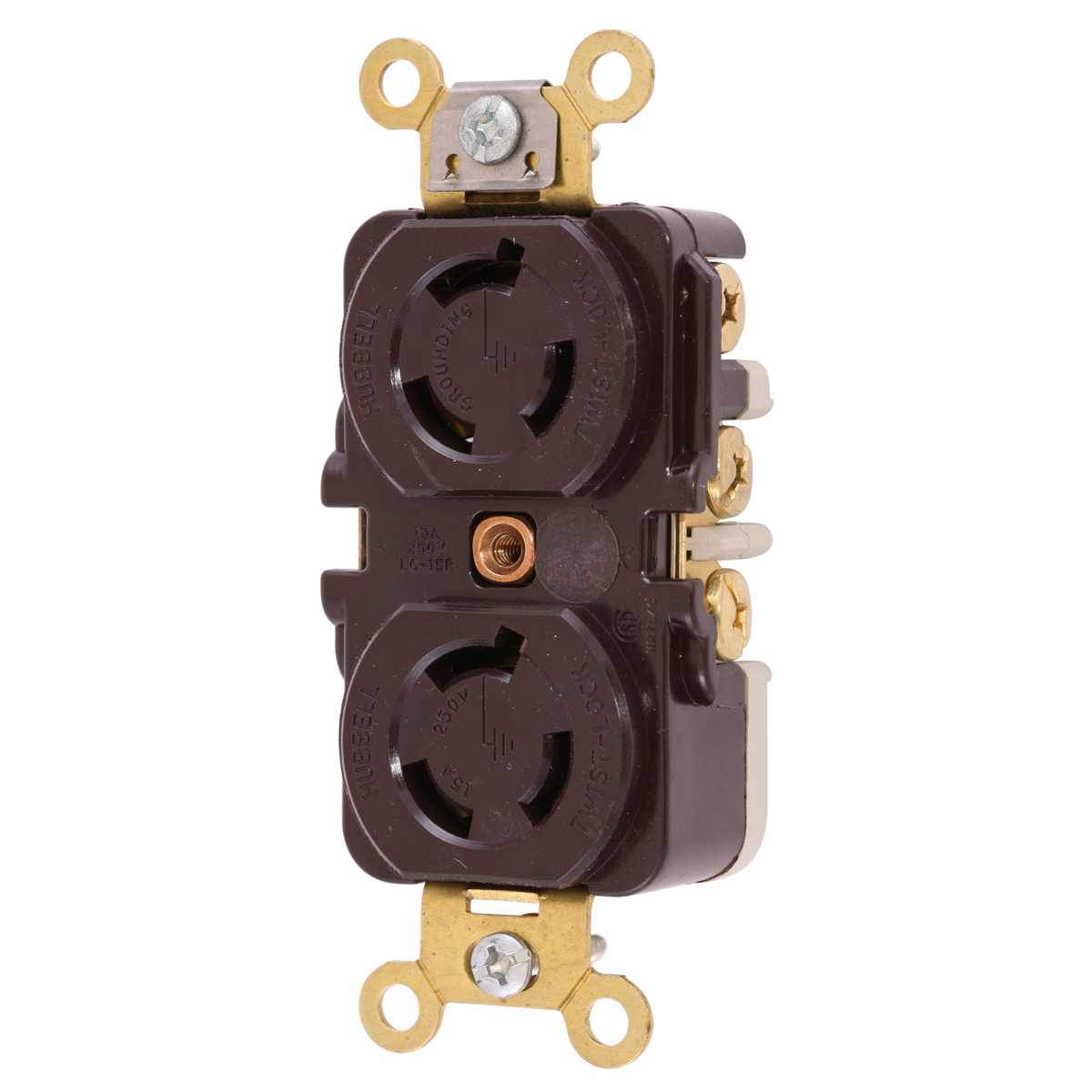 Locking Devices, Twist-Lock, Industrial, Duplex Receptacle, 15A 250V, 2-Pole 3-Wire Grounding, NEMA L6-15R, Ring Terminal Connection, Brown.