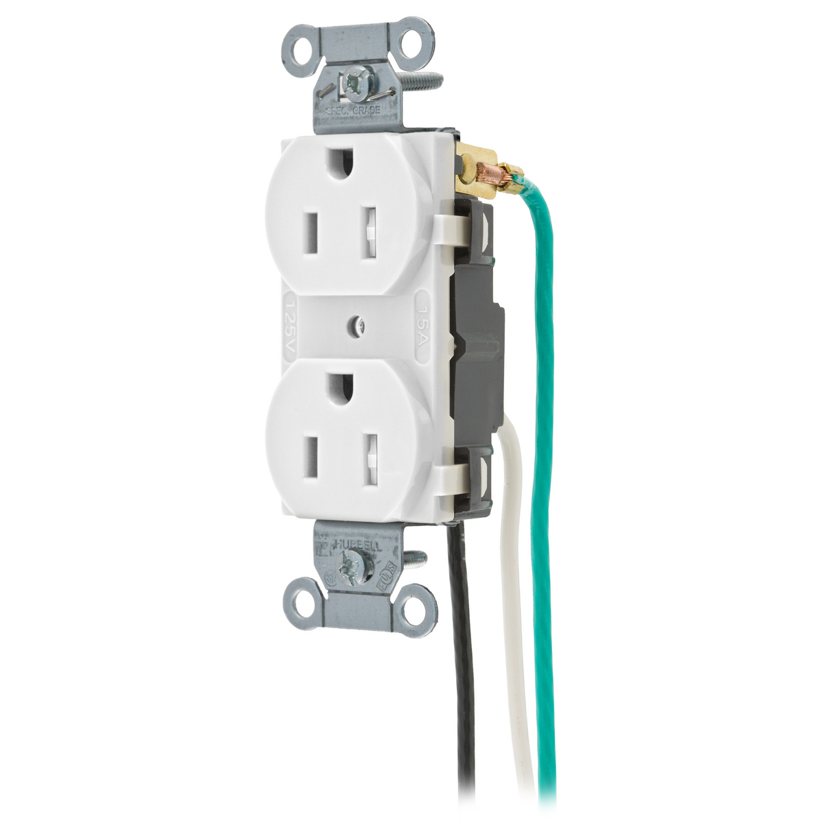 Straight Blade Devices, Receptacles, Duplex, Commercial Grade, 2-Pole 3-Wire Grounding, 15A 125V, 5-15R, White, Single Pack, Pre-Wired 8" Solid Leads.