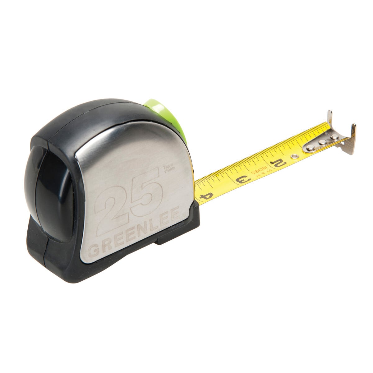 Power Return Rule 25'.  Compact housing fits easliy in the hand or pouch.  Easy to use Click Lock holds tape securely.  Tough ABS case with rubber over mold.  Rigid 1" wide nylon coated blade is double-sided.  Multi-riveted double tang foot for strength.  16" and 19.2" stud markings.  Note: This is not an insulated tool.