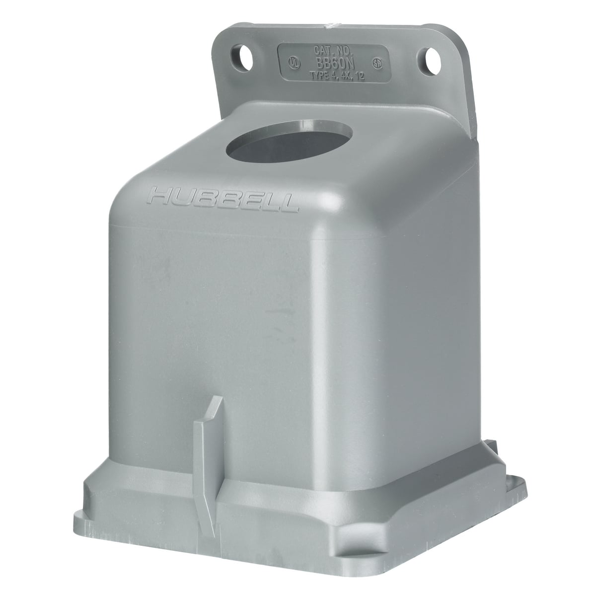 Heavy Duty Products, IEC Pin and Sleeve Devices, Industrial Grade, Accessory, Back Box, For 60A 1 1/4" NPT Hub, Angled, Mounting Screws Included, Gray Non-Metallic