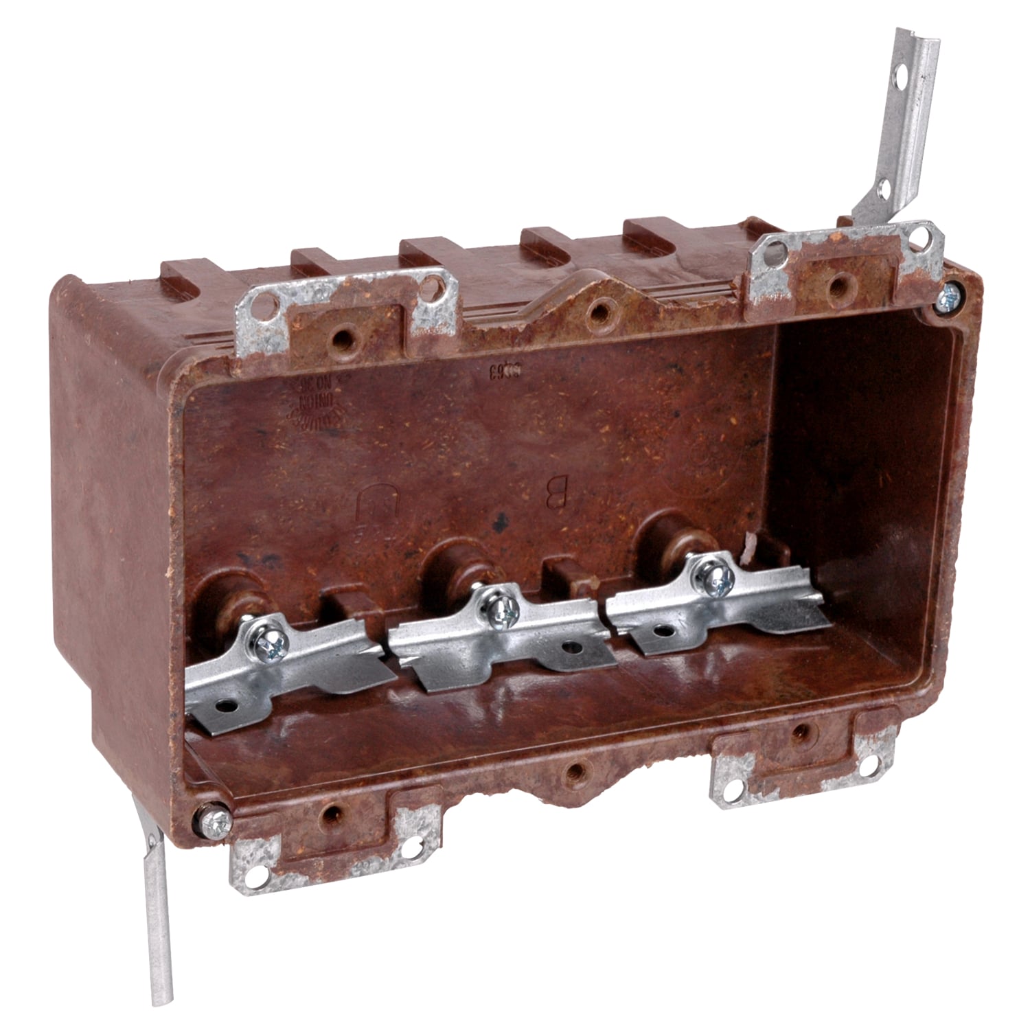 Three-Gang Bracket Outlet Box, Volume 37 Cubic Inches, Length 3-3/8 Inches, Width 5-13/16 Inches, Depth 2-1/2 Inches, Color Brown, Material Phenolic, Mounting Means Ears and #4 Swing Bracket, with High Clamps