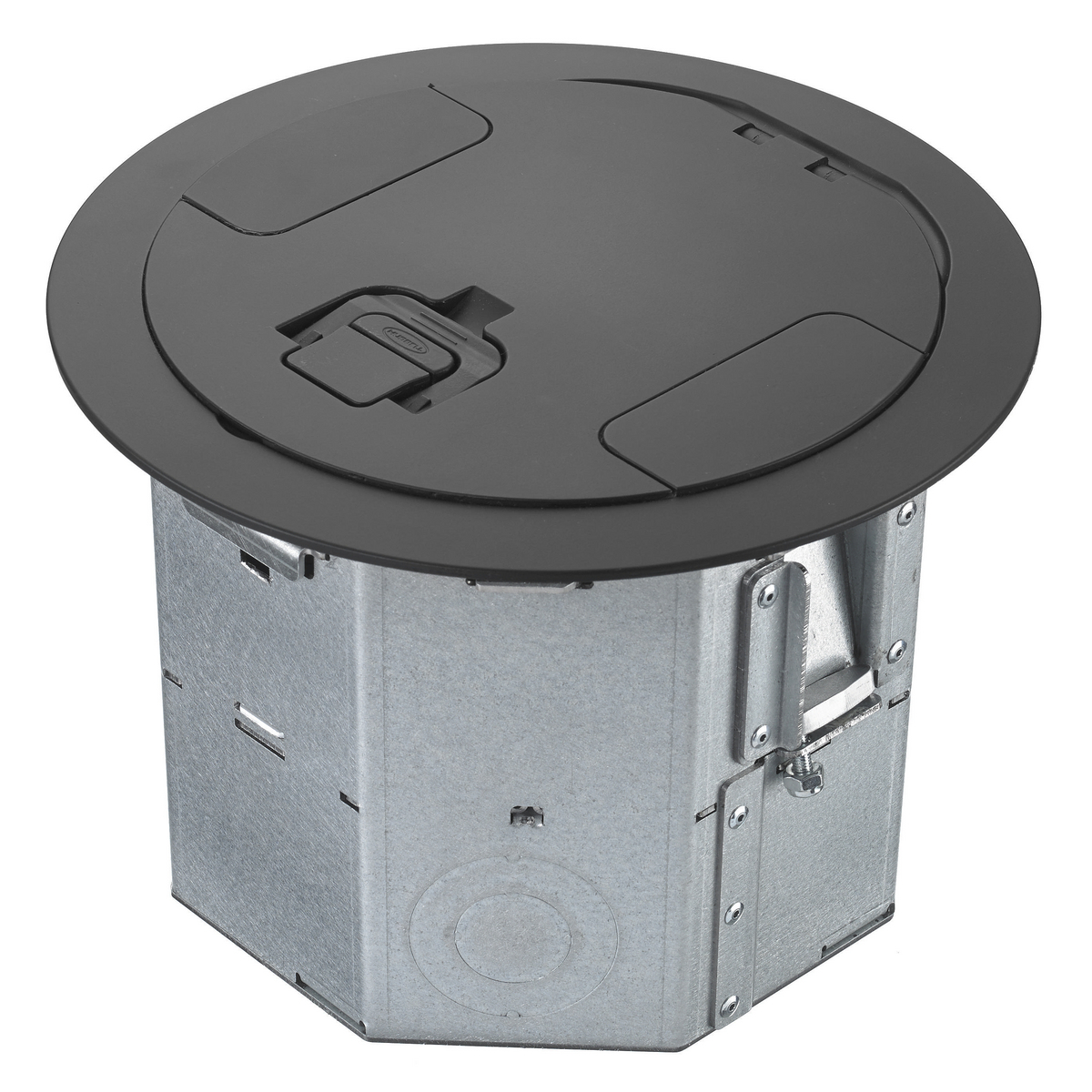 Raised Access or Wood Floorboxes, Galvanized Stamped Steel Box, Recessed, 4-Gang RAFB Series, 6.47" Deep Round Box with CFBS1R8CVRBLK Black Powder Coat Cover
