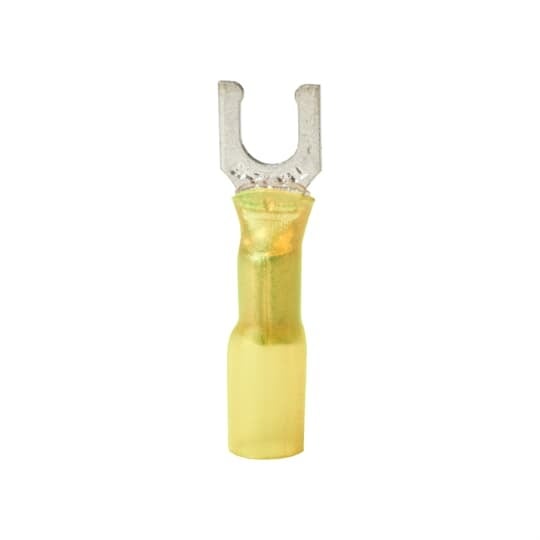 Heat Shrinkable Locking Fork Terminal, Length 1.350 Inches, Width .37 Inches, Maximum Insulation .250, Bolt Hole #8, Wire Range #12-#10 AWG, Color Yellow, Copper, Tin Plated