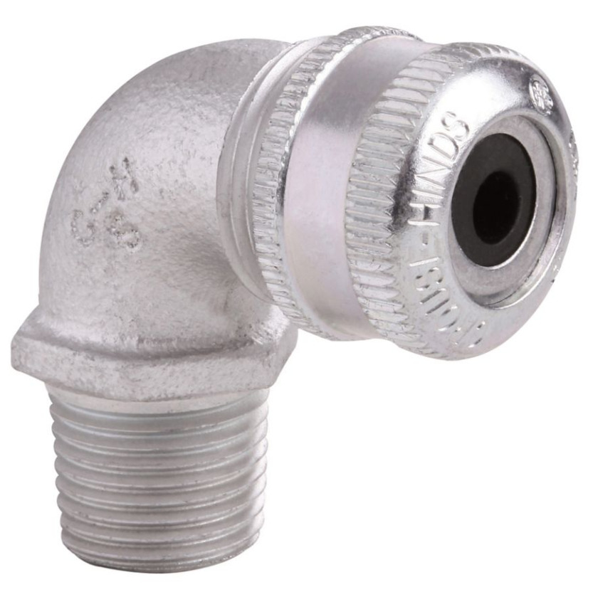 CGE192 90 deg Flexible Cable Gland Connector, 1/2 in Trade, 1/8 to 1/4 in Cable Openings, Steel, Chromate Coated/Electro-Galvanized