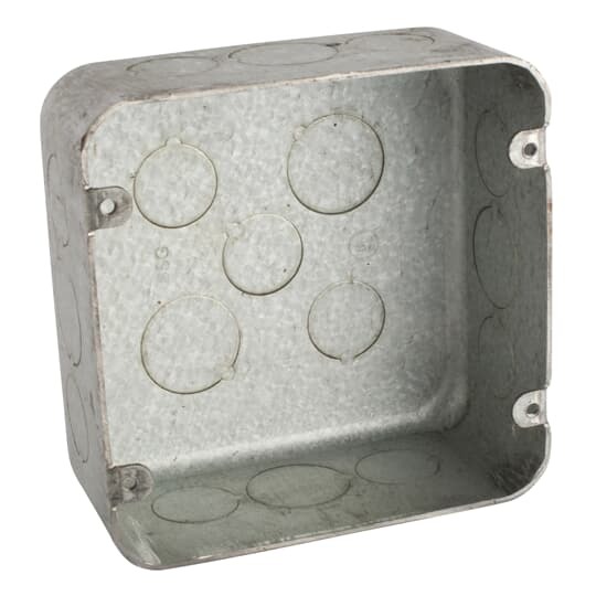Square Box, 42 Cubic Inches, 4-11/16 Inches Square x 2-1/8 Inches Deep, 1/2 Inch and 3/4 Inch Eccentric Knockouts, Pre-Galvanized Steel, Vapor Tight, For use with Conduit