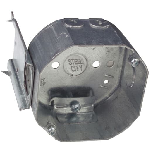 Octagon Box, 22.5 Cubic Inches, 4 Inch Diameter x 2-1/8 Inches Deep, 1/2 Inch Knockouts, Pre-Galvanized Steel, Drawn Construction, with Non-Metallic Cable Clamps (C-5) and L Bracket, For use with Non-Metallic Sheathed Cable