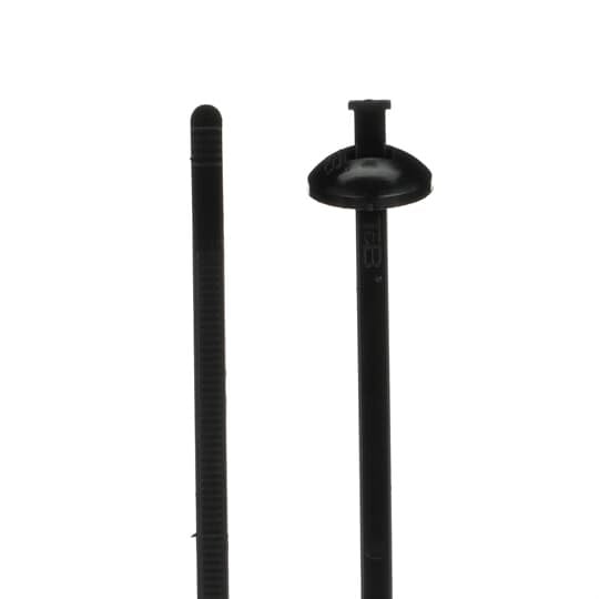 Panel and Chassis Mounting Cable Tie, Black Polyamide (Nylon 6.6) for Temperatures up to 85 Degrees Celsius (185 F) for Indoor Applications, Length of 243.84mm (9.6 Inches), Width of 5.59mm (0.22 Inches), Thickness of 1.65mm (0.65 Inches), Tensile Strength Rating of 289 Newtons (65 Pounds), Mounting Hole Size of 8.13 - 17.27mm (0.32 - 0.68 Inches)