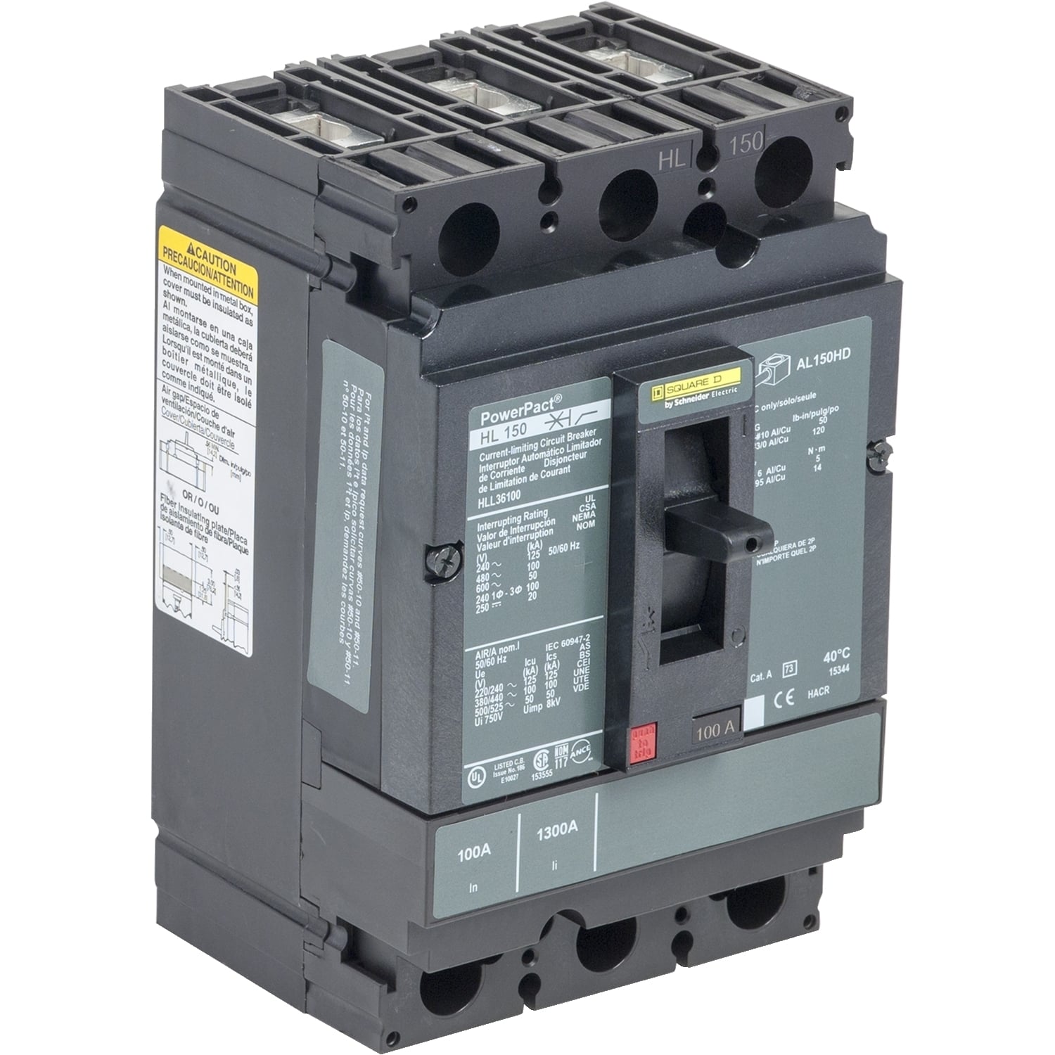 Circuit breaker, PowerPacT H, 125A, 3 pole, 600VAC, 50kA, lugs, thermal magnetic, 100%