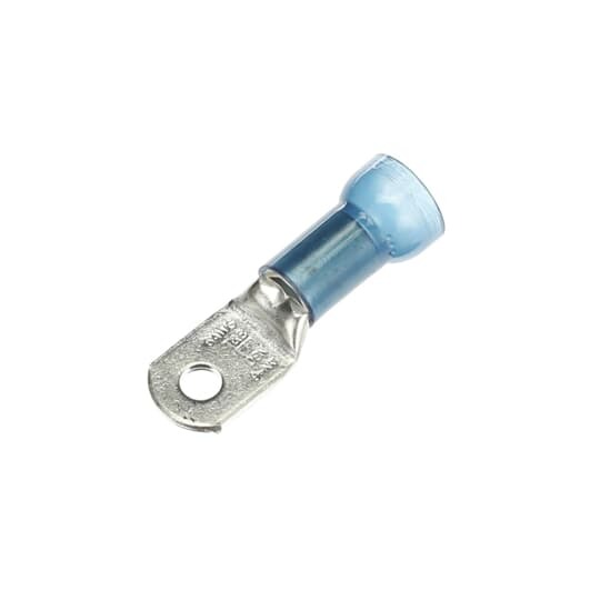 Nylon Insulated Large Ring Terminal, Length 1.65 Inches, Width .49 Inches, Maximum Insulation .420, Bolt Hole #10, Wire Range 6, Color Blue, Copper, Tin Plated