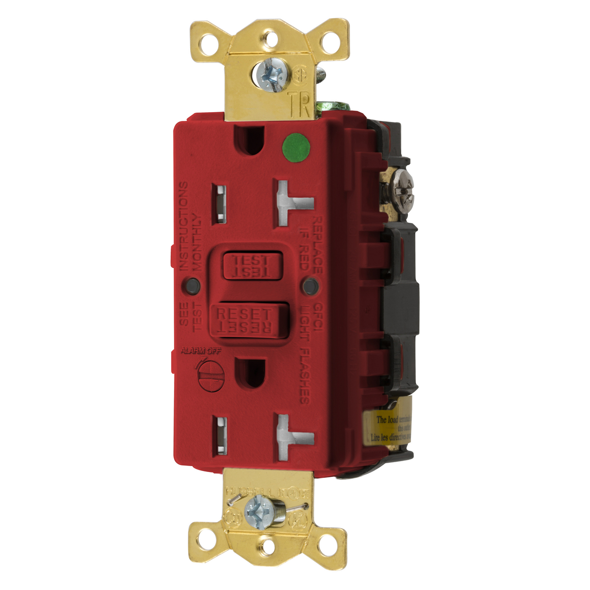 Power Protection Products, GFCIReceptacle, Self Test, Commercial Hospital Grade, Tamper Resistant, 20A125V, 2-Pole 3-Wire Grounding, 5-20R, Leaded, Red, With Alarm