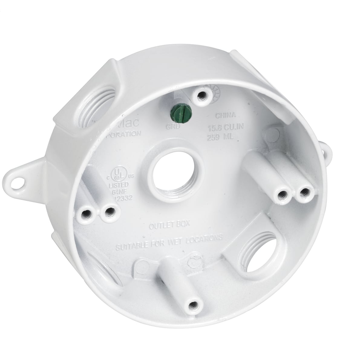 RND WP BOX (5) 1/2 IN. OUTLETS - WHITE
