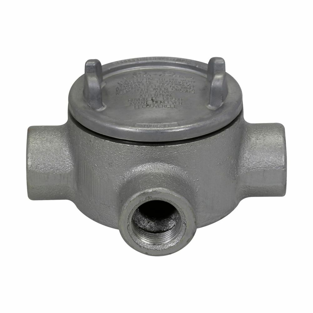 Eaton Crouse-Hinds series Condulet GUA conduit outlet box with cover, 3" cover opening diameter, Feraloy iron alloy, W shape, 1/2"