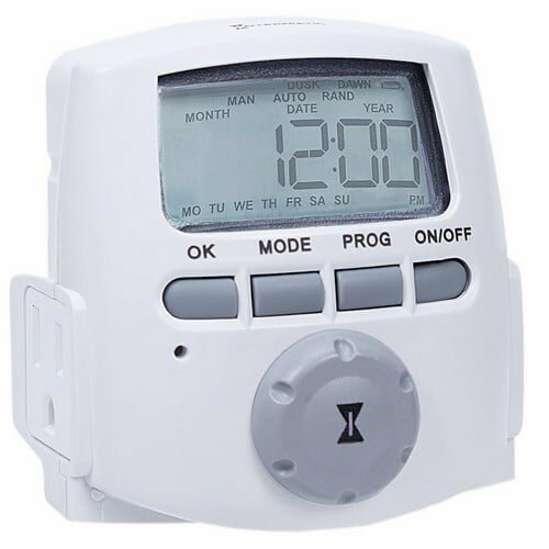 The Indoor Digital 2-Outlet Grounded Timer w/Astro feature Heavy-Duty Digital Timer turns lights and appliances on and off automatically. Its features set up and operation and auto adjusts to sunrise/sunset time for dusk/dawn setting.