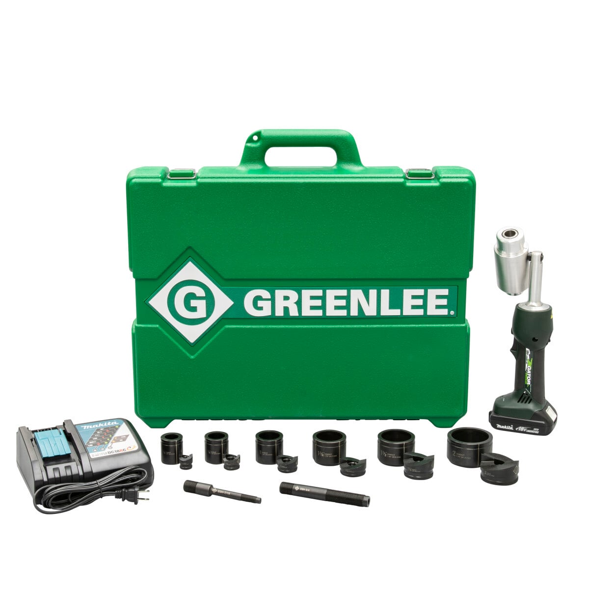 LS50L2 Battery-Hydraulic Knockout Kit with Slug-Buster   2 .  Time saving maximum cycle time of 8 seconds.  Auto-stop detects punch completion and automatically stops the ram, for longer tool life.  360 degree rotating head.  Rugged, patent-pending swivel design to punch at any angle.  Compact, Ergonomic Design - Ergonomic tapered grip for easy one-handed operation.  Slug-Buster punch profile splits slugs for easy slug removal.  Knurled edge on punches for better grip. New die design optimized for widest range of materials and drivers.  Laser markings for quick part identification. Alignment markings for improved accuracy. Easy threading draw studs with "dog point" tip helps eliminate cross-threading. Hex key access for easy removal from tool. Gator Eye Compatible with i-Press software, monitor tool performance including peak forces and number of cycles. Works with all Greenlee knockouts. Same draw studs used with Intelli-PUNCH, LS50L2 and 746A ram.  Punches, dies, draw studs and case made in the USA.  Driver made in Germany.  Battery made in Japan. Charger made in China
