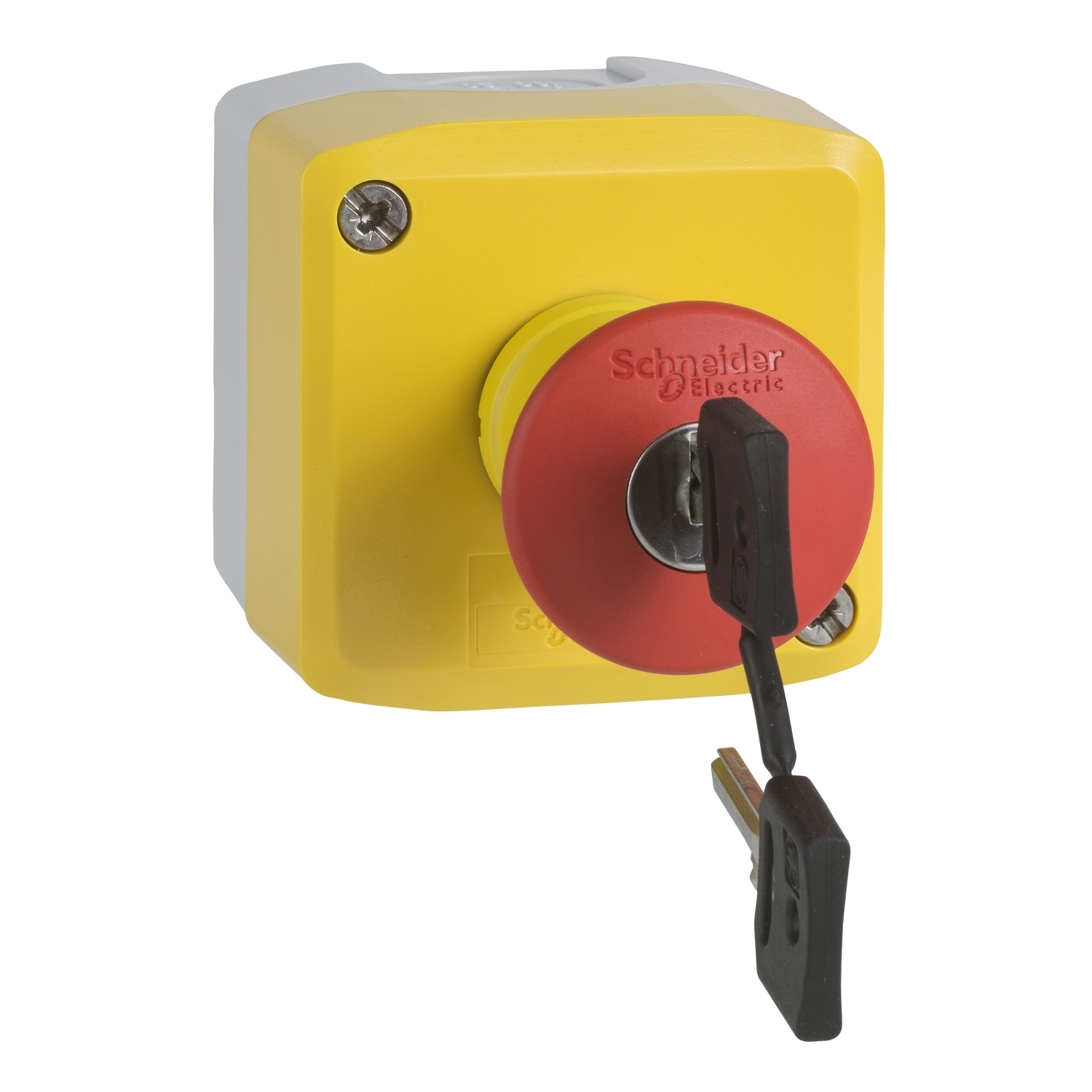 Control station, Harmony XALK, plastic, yellow lid, 1 red mushroom push button 40mm, key release, 1NC, unmarked