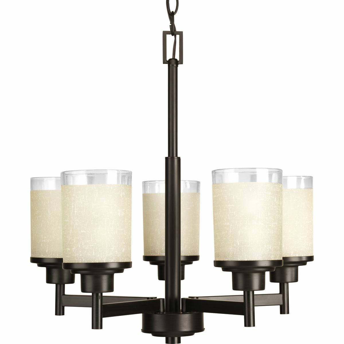Five-light linear chandelier features a pleasingly simple Antique Bronze frame while visually interesting textured etched umber linen glass are complemented by a crisp clear edge accent. Create the sophisticated feel of modern, urban living in your home - no matter where you live.