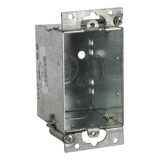 Gangable Switch Box, 14 Cubic Inches, 3 Inches Long x 2 Inches Wide x 2-3/4 Inches Deep, 1/2 Inch Knockouts, Galvanized Steel, Furnieshed with Plaster Ears and with Old-Work Swing Brackets, For use with Conduit
