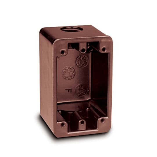 One-Gang Weatherproof Device Box, Volume 16 Cubic Inches, Length 4-7/16 Inches, Width 1-25/32 Inches, Depth 2-9/16 Inches, Color Browm, Material Phenolic, Mounting Means One 3/4 Inch Threaded Knockout in Each End