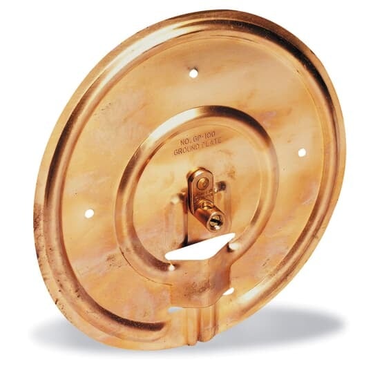 Ground Plate Type GP - Copper Pole Bottom Ground Plate, 14 inch Diameter Copper Plate. Pigtail Wire Range #4 Stranded AWG to #14 Solid AWG.