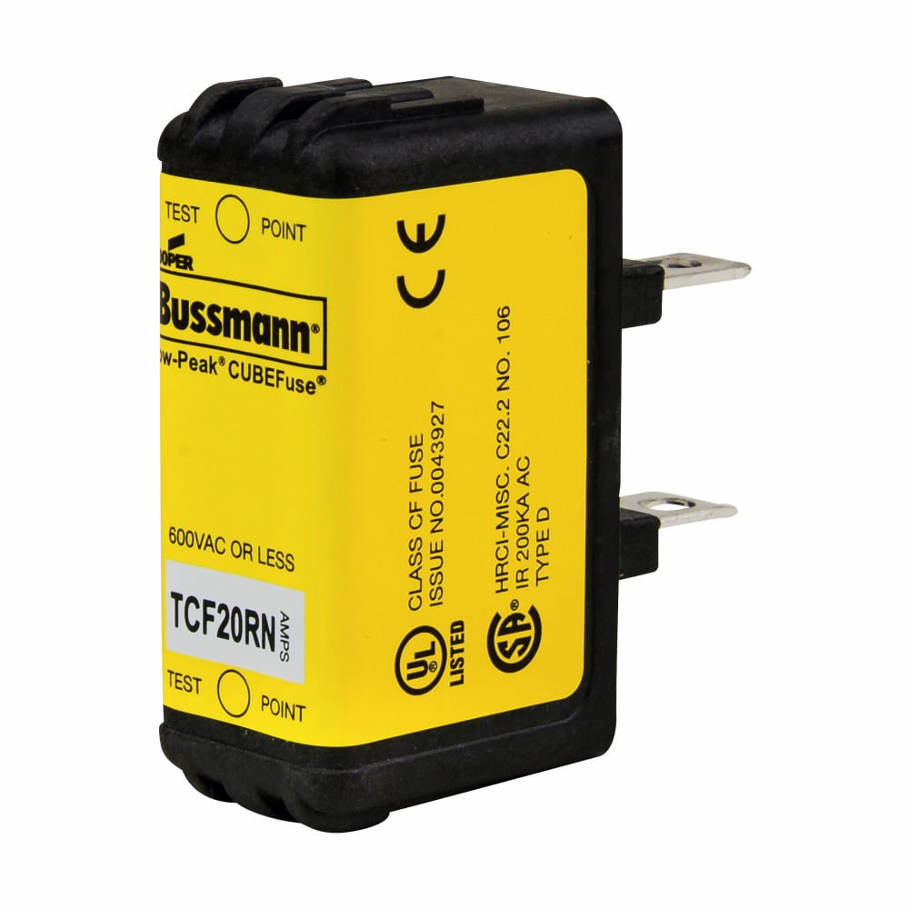 Eaton Bussmann series TCF fuse, Finger safe, 600 Vac/300 Vdc, 6A, 300 kAIC at 600 Vac, 100 kAIC at 300 Vdc, Non-Indicating, Time delay, inrush current withstand, Class CF, CUBEFuse, Glass filled PES