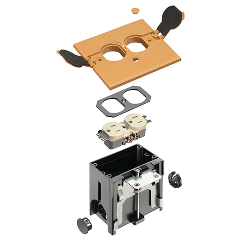 Non Metallic adjustable floor box. Caramel with flip lids. Includes tamper resistant duplex receptacle, cover plate with gasket and Arlington NM94 connector and Arlington NM900 knockout plug.