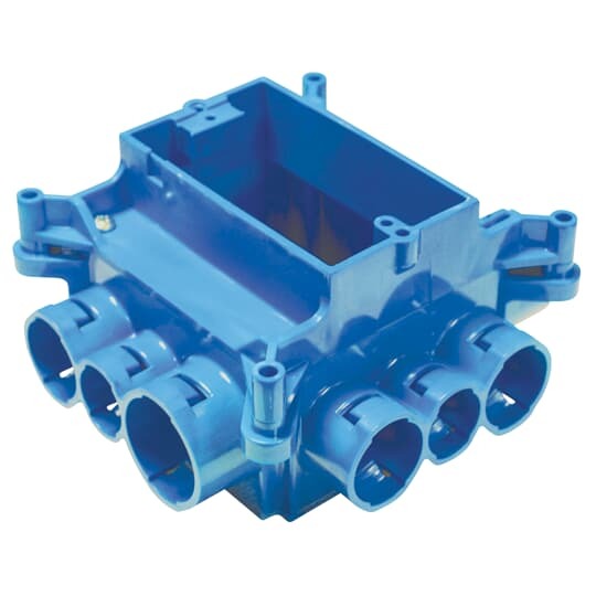 Non-metallic mud box with single gang ring, ground lug and 12 integral connectors.  37.3 Cubic Inch Capacity.