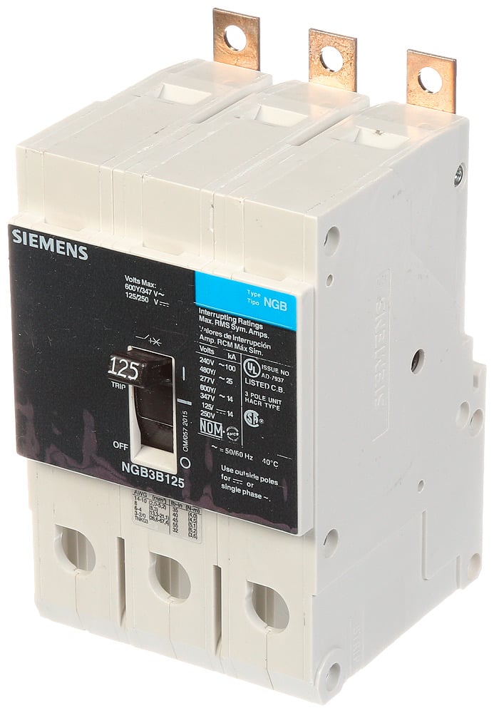  LOW VOLTAGE PANELBOARD MOUNT G FRAME CIRCUIT BREAKER WITH THERMAL - MAGNETIC TRIP. UL LISTED NGB FRAME WITH STANDARD BREAKING CAPACITY. 125A 3-POLE (14KAIC AT 600Y/347V) (25KAIC AT 480Y/277V). SPECIAL FEATURES MOUNTS ON PANELBOARD,NO LUGS. DIMENSIONS (W x H x D) IN 3 x 5.4 x 2.8.
