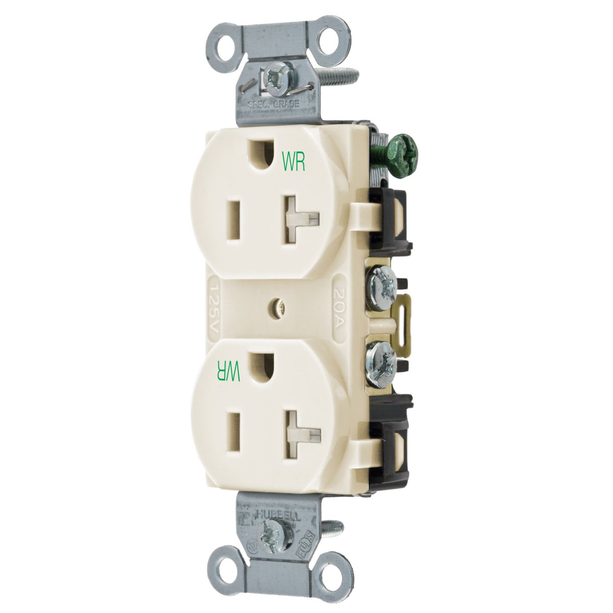 Straight Blade Devices, Receptacles, Tamper and Weather-ResistantDuplex, Commercial/Industrial Grade, 2-Pole 3-Wire Grounding, 20A 125V, 5-20R, Light Almond, Single Pack.