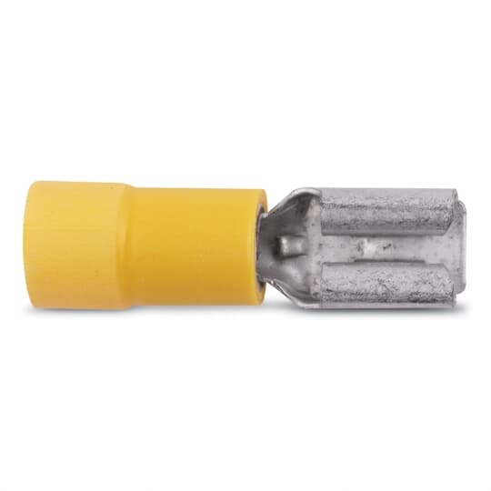 Vinyl-Insulated Female Disconnect, Length 1.03 Inches, Width .29 Inches, Maximum Insulation .250, Tab Size .250x.032, Wire Range #12-#10 AWG, Color Yellow, Copper, Tin Plated, Mini-Pack