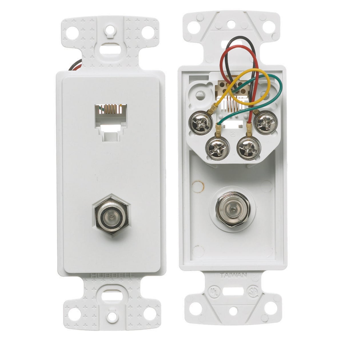 Plates, 1-Gang Frame, With F Connector, 6-Position 6-Conductor, Screw Terminal, White