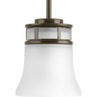 One-light mini-pendant with smooth forms and windowpane style gallery that produce a beautiful, modern gas light effect. Overscaled tubing and etched glass shades offer substance within the sleek frame. Antique Bronze finish.