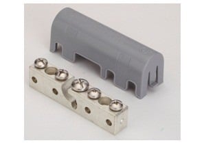 Intersystem grounding and bonding bridge for wall mount applications. Accomodates #6 to #2 Ground Electrode Conductors and #14 to #4 bonding conductors (4 each). Includes snap in place plastic cover.