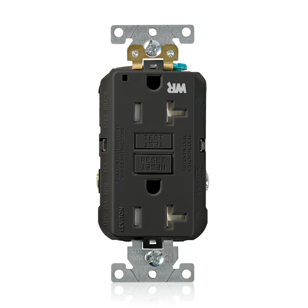 20 Amp, 125 Volt, SmartlockPro Self-Test GFCI Duplex Receptacle , NEMA 5-20R, 2P, 3W, Extra-Heavy Duty Industrial Grade, Weather & Tamper-Resistant, 20A Feed-Through, Back or Side Wired - BLACK