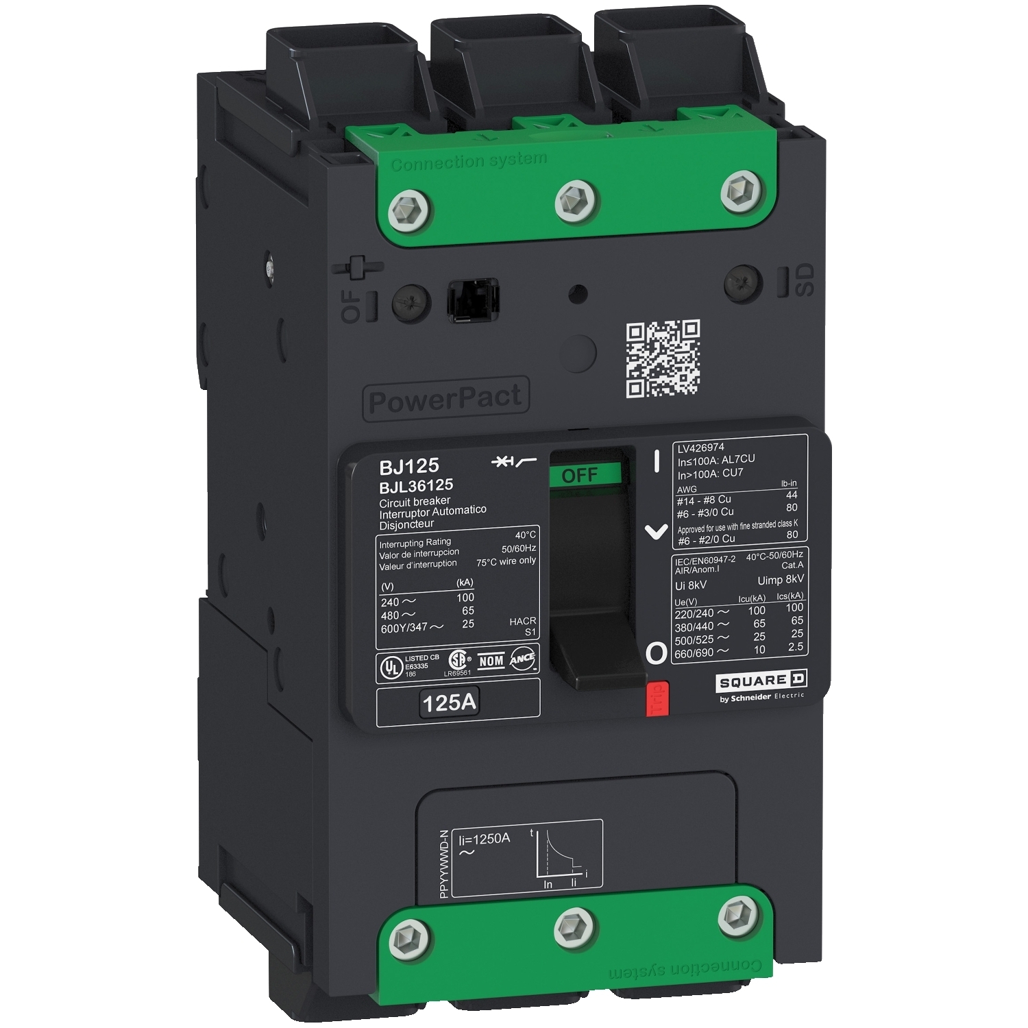 Circuit breaker, PowerPacT B, 100A, 3 pole, 600Y/347VAC, 14kA, lugs, thermal magnetic, 80%