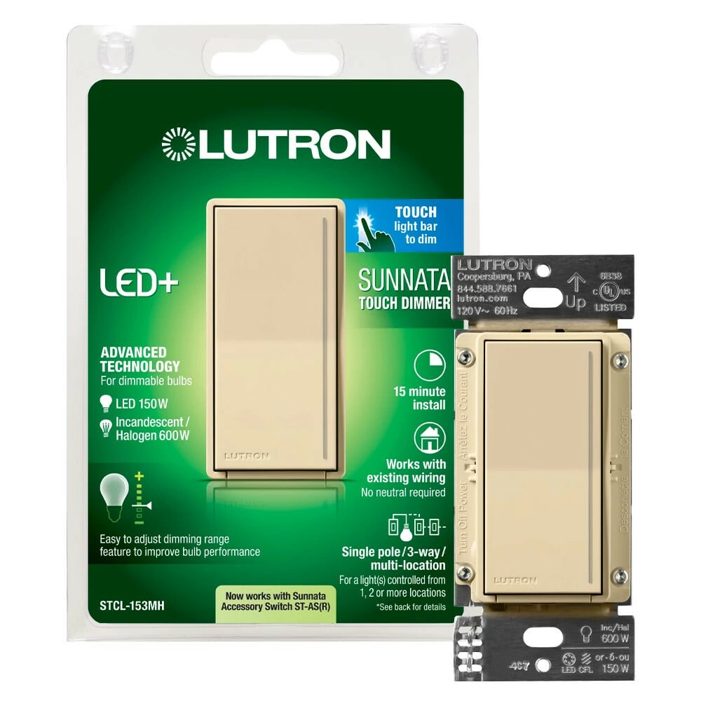 Lutron Sunnata LED+ Touch Dimmer, Single-Pole/3-way Multi-Location Dimmer, 120V, 150W LED or 600W Incandescent/Halogen, Ivory