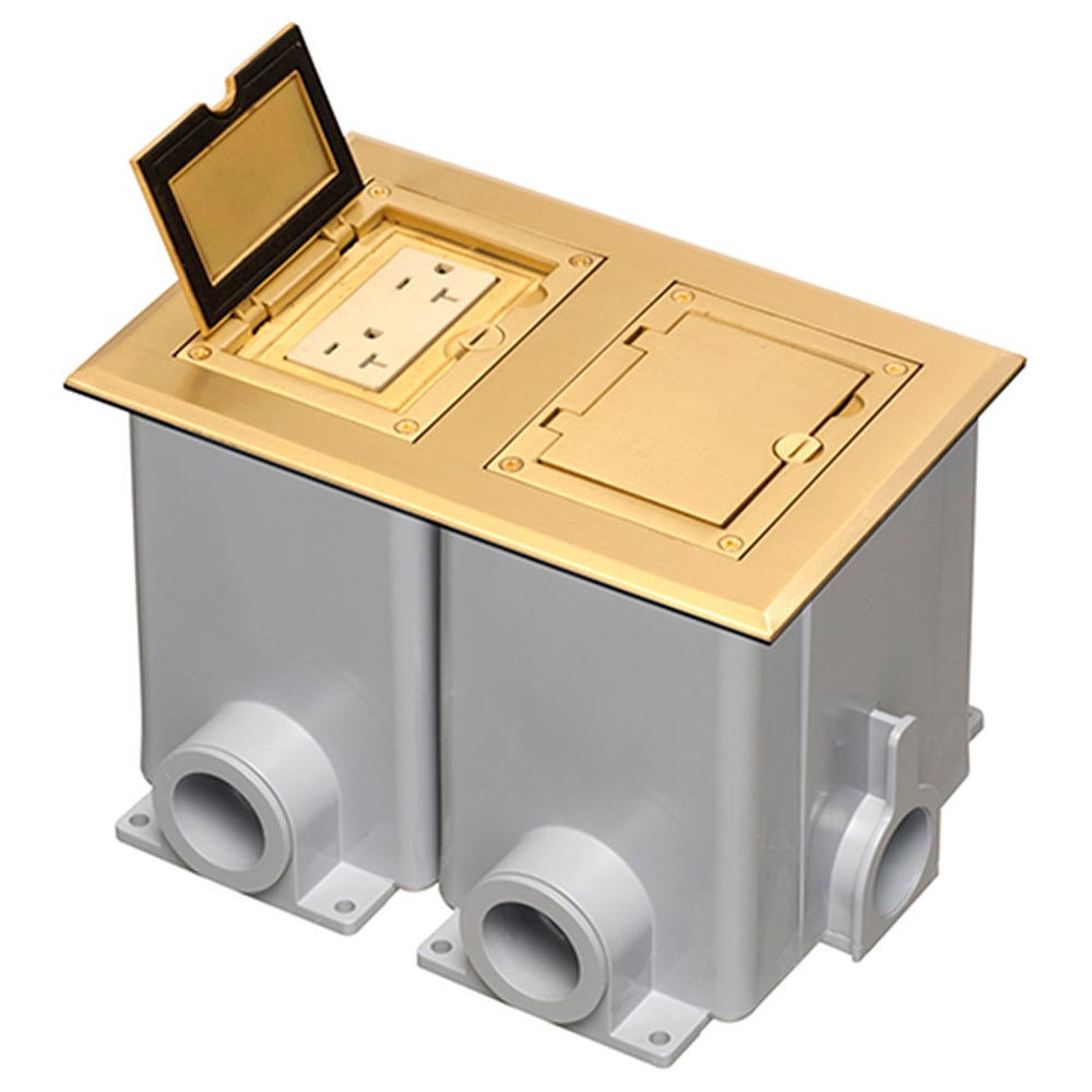 Brass two gang frame kit with Flip lid cover. Includes (2) 20A decorator style receptacle, (2) gasket, low voltage insert and installation screws. Flip lid cover can be opened in any direction.