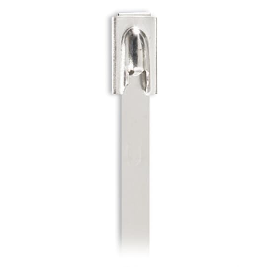 Ball-Lock 316 Stainless Steel Cable Tie, Uncoated, for Temperatures up to 300 Degrees Celsius (572 F) for Indoor and Outdoor Applications, Suitable for High Temperature Environments, UL/EN/CSA62275 Type 2S Rated for AH-1 Plenum, Length of 360mm (14.2 Inches), Width of 7.75mm (0.305 inches), Thickness of 0.25mm (0.01 Inches), Tensile Strength Rating of 2002 Newtons (450 Pounds)