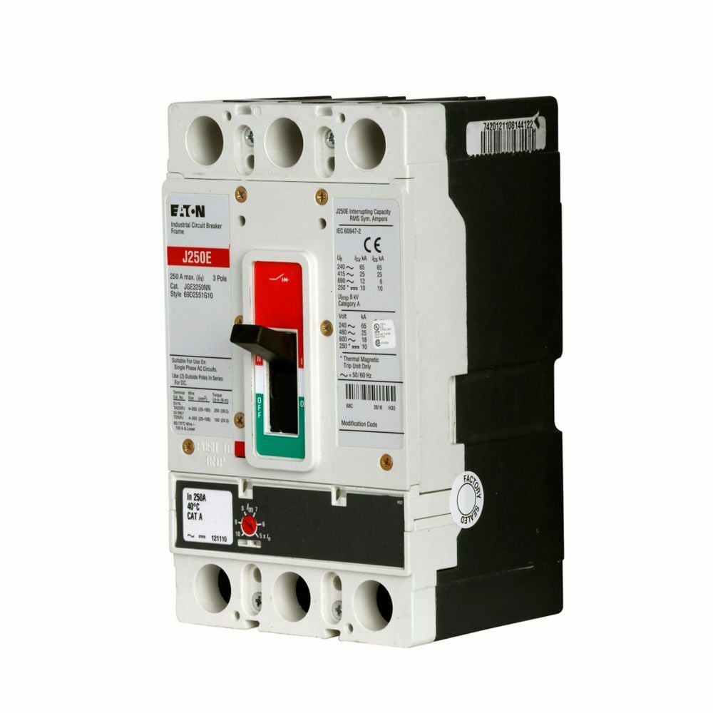 Eaton Series G JG-frame circuit breaker, 250A, Three-pole, 600V, 65 kAIC at 240V, 25 kAIC at 415V, 25 kAIC at 480V, 18 kAIC at 600V, Line/load standard w/ metric mounting hardware, 310+ electronic LSG