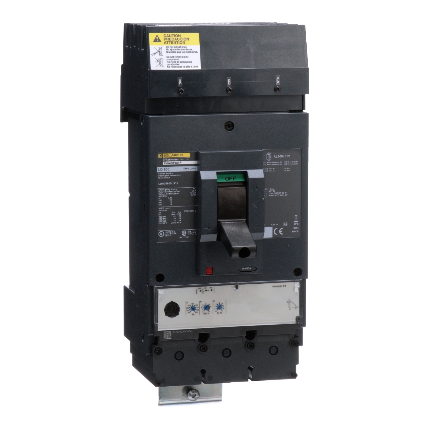 Circuit breaker, PowerPacT L, 600A, 3 pole, 600VAC, 14kA, I-Line, MicroLogic 3.3, 80%, ABC