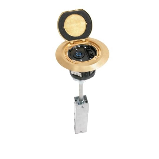 Poke Through Base Unit, Length 19-3/4 Inches, Diameter 7-1/2 Inches, Hub Size 1/2 Inch, Galvanized Steel, 20A/125V Locking Receptacle, 2 Communications Receptacles