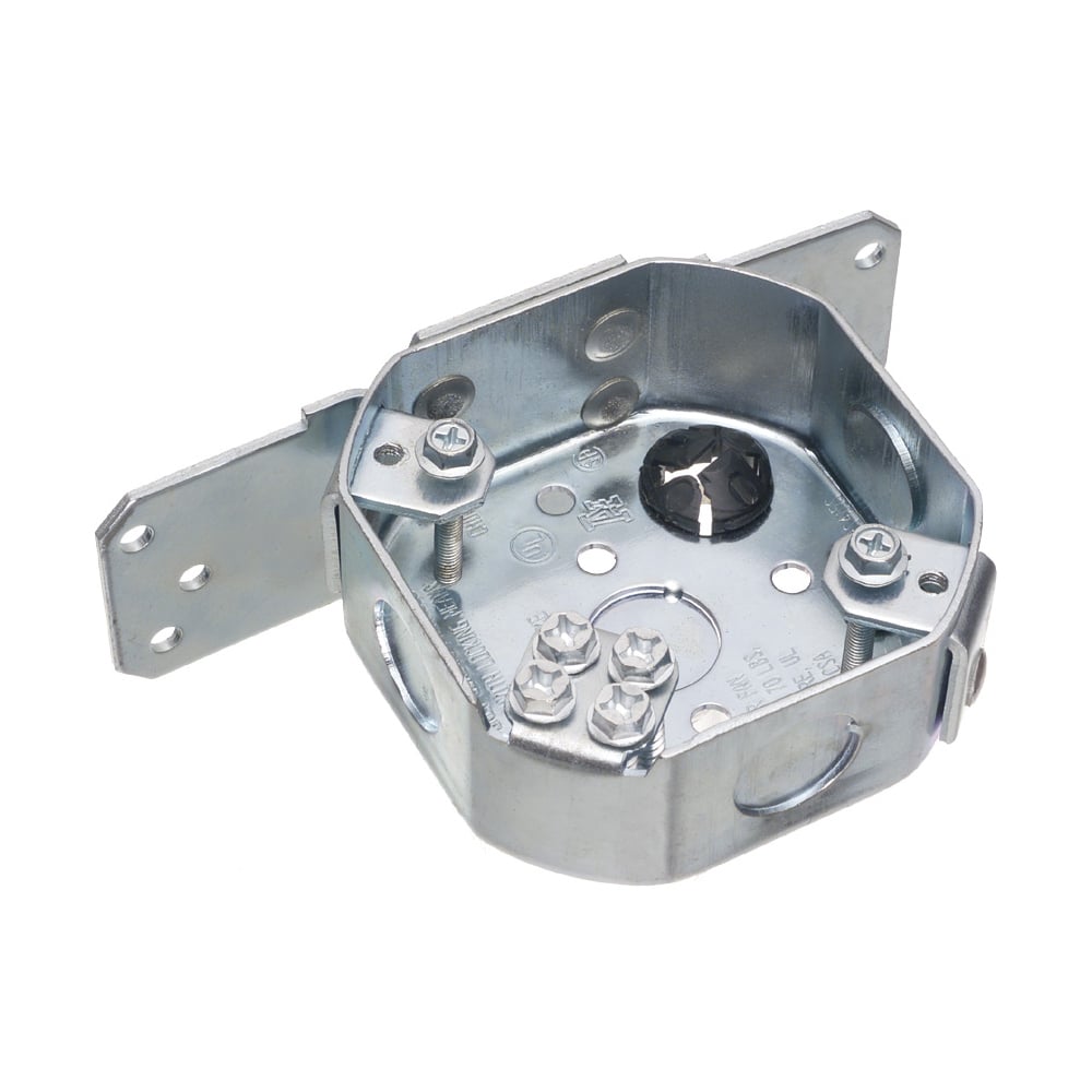 Steel octagonal fan and fixture mounting box. 70lb fan rated, 200lb fixture rated. 1-1/2" box depth. 14.6 cu. in. with Side mounting bracket.