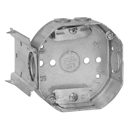 Octagon Box, 15.8 Cubic Inches, 4 Inch Diameter x 1-1/2 Inches Deep, 1/2 Inch Knockouts, Pre-Galvanized Steel, Drawn Construction, with Non-Metallic Cable Clamps (C-5) and L Bracket, For use with Non-Metallic Sheathed Cable