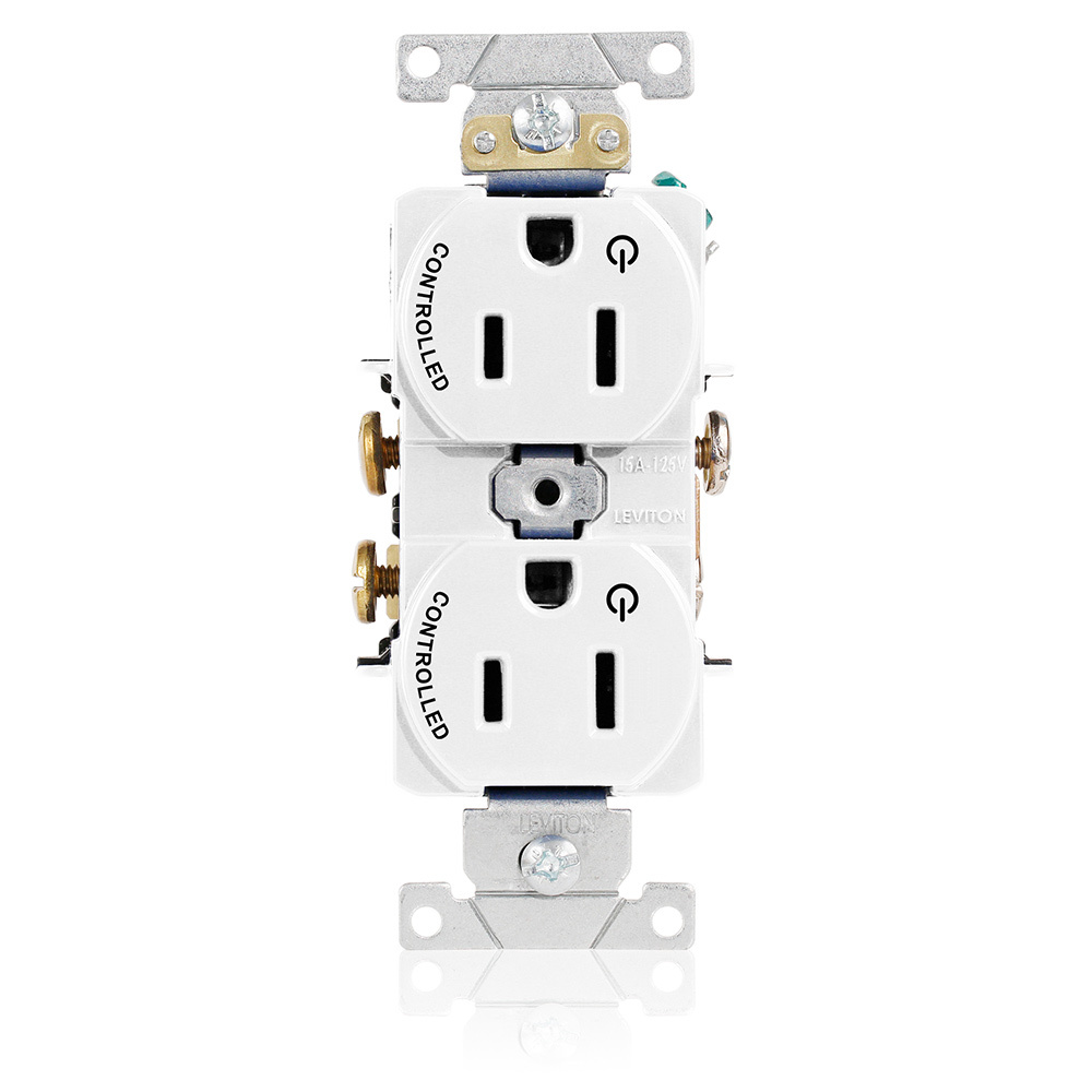 Duplex Receptacle Narrow Body Design. 2-pole 3-wire. Nema 5-15R. 15A-125V. Flat Face. Back And Sidewired. Industrial Spec Grade, Self Grounding. 2 Plugs Controlled Markings - White