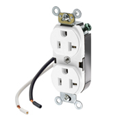 20 Amp 125 Volt Duplex Receptacle, 2 Pole, 3 Wire, Leaded, Spec Grade, White