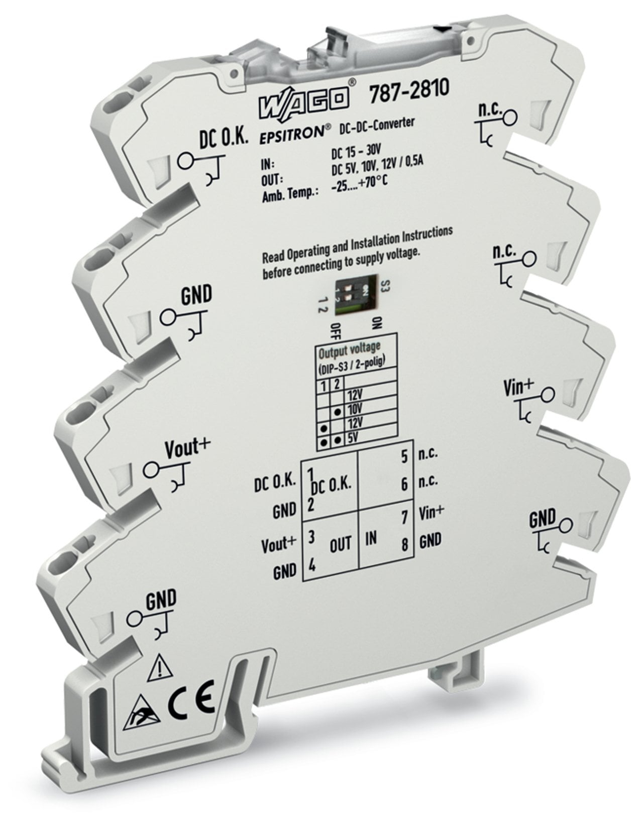 DC/DC Converter; 24 VDC input voltage; 5/10/12 VDC adjustable output voltage; 0.5 A output current; DC OK contact