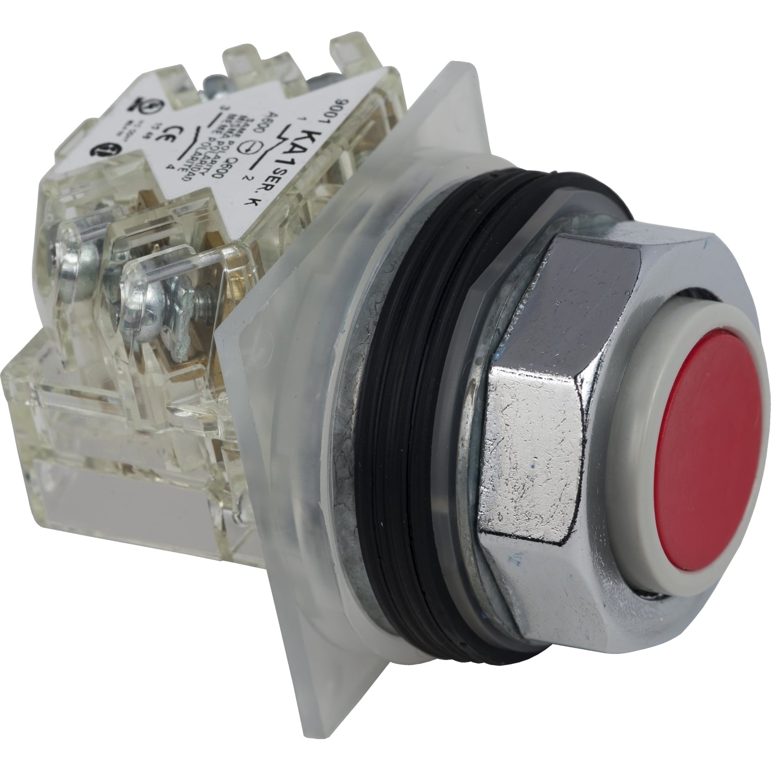 Push button, Harmony 9001K, metal, projecting, red, 30mm, spring return, 1 CO